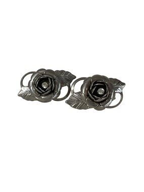 Vtg Mid Century Silver Cabbage Rose Rhinestone Screw Back Earrings MCM 50s Coque